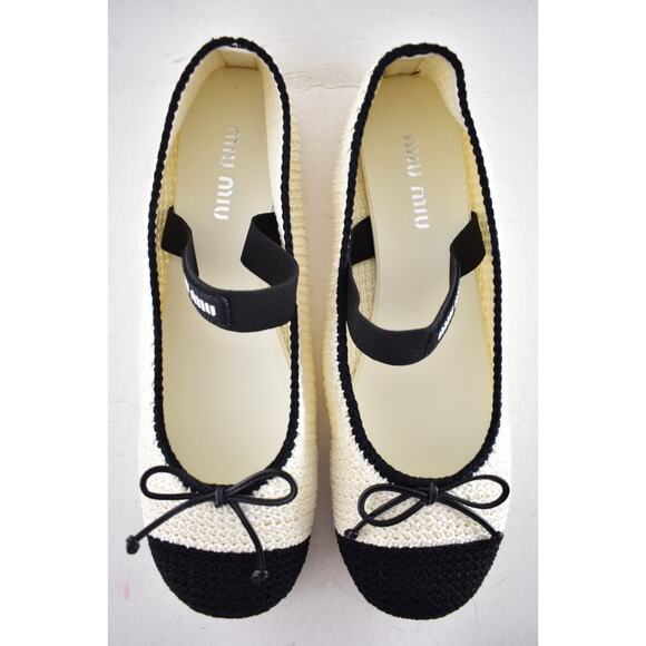 Miu Miu Crochet Knit Black White Bicolor Logo Strap Ballet Ballerina Flats 42 - Picture 14 of 16